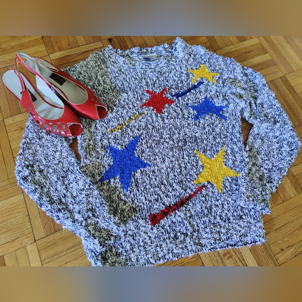 80s Shooting Star Rad Sweater, Primary Color Pullover Wool Free, 1980s Vintage